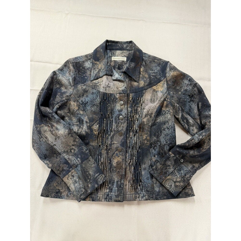 Coldwater Creek Blue Grey Metallic Paisley Print Beaded Denim Jacket Boho P6
